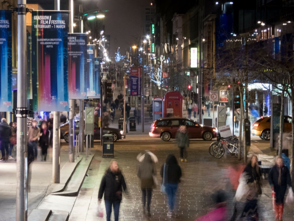 Sauchiehall Street at night in Glasgow City Centre
