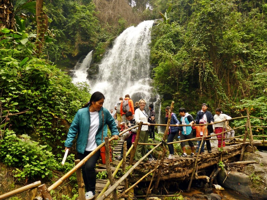 Tourists near Wachirathan Waterfall Hike in Chiang Mai