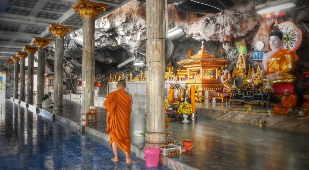 Buddhist walking in Tiger Cave temple in Krabi
