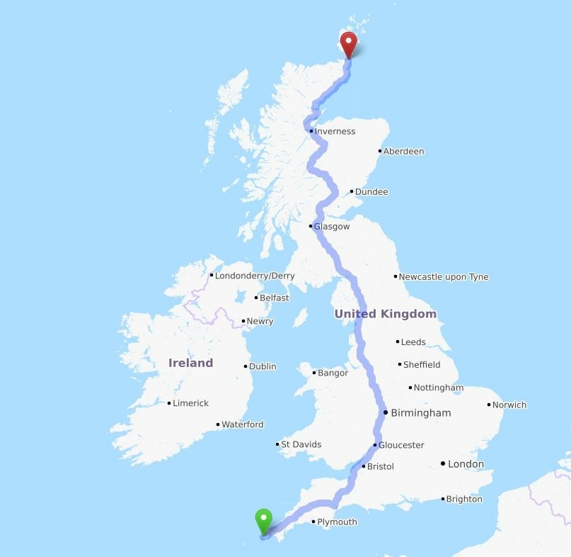 Driving route across Great Britain between Land's End and John o' Groats