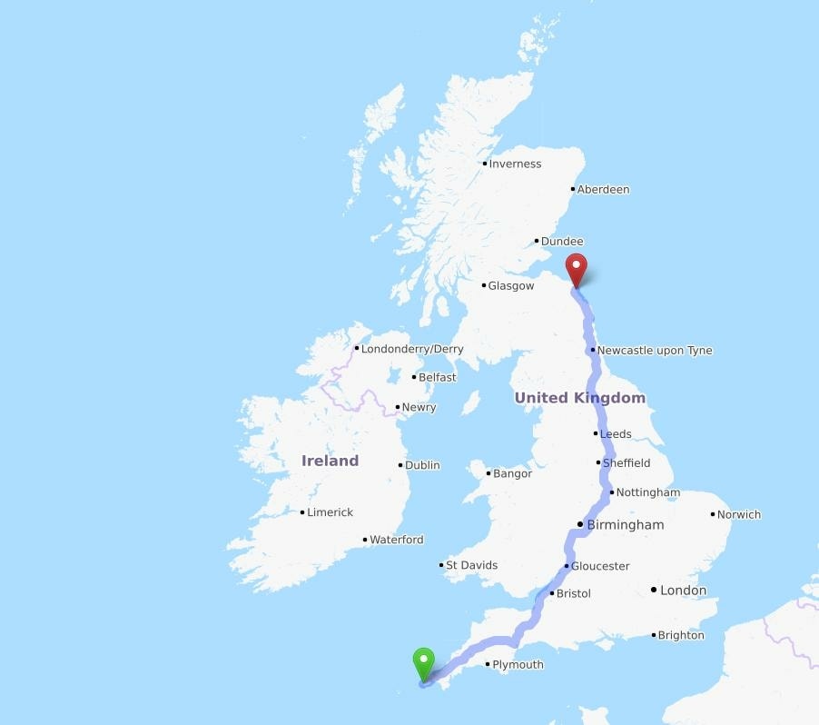 Driving route across England between Land's End and Marshall Meadows Bay