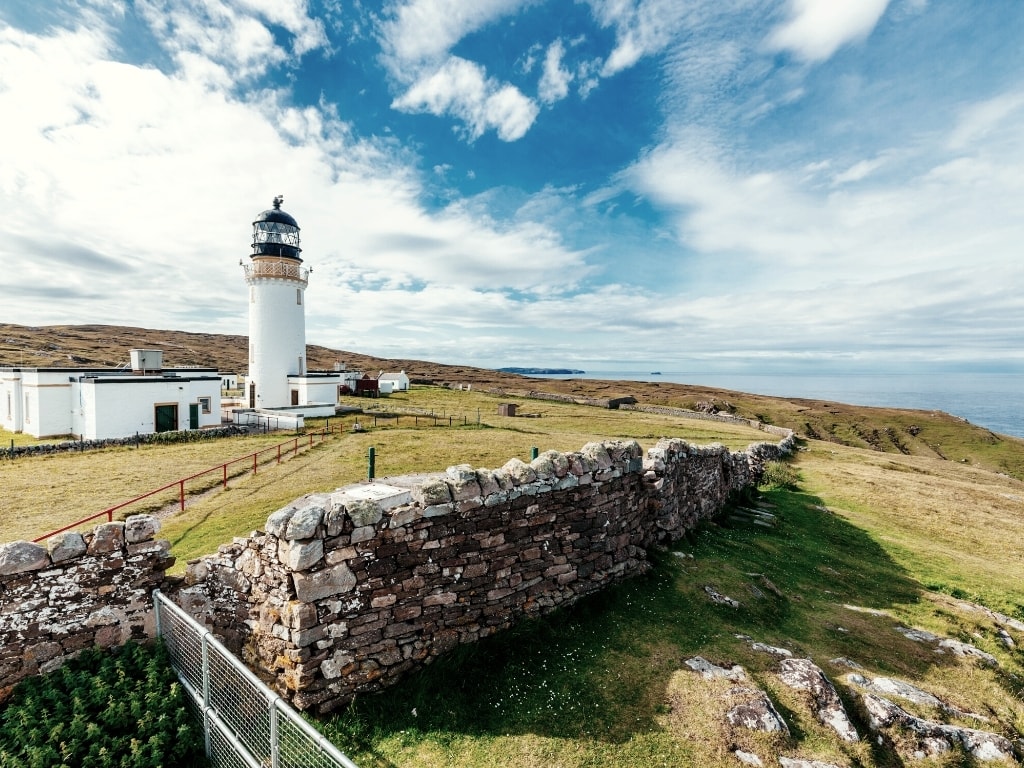 The Cape Wrath Lighthouse is the most north-westerly point in mainland Britain, and is the northern trail head of the Scottish National Trail and the Cape Wrath Trail