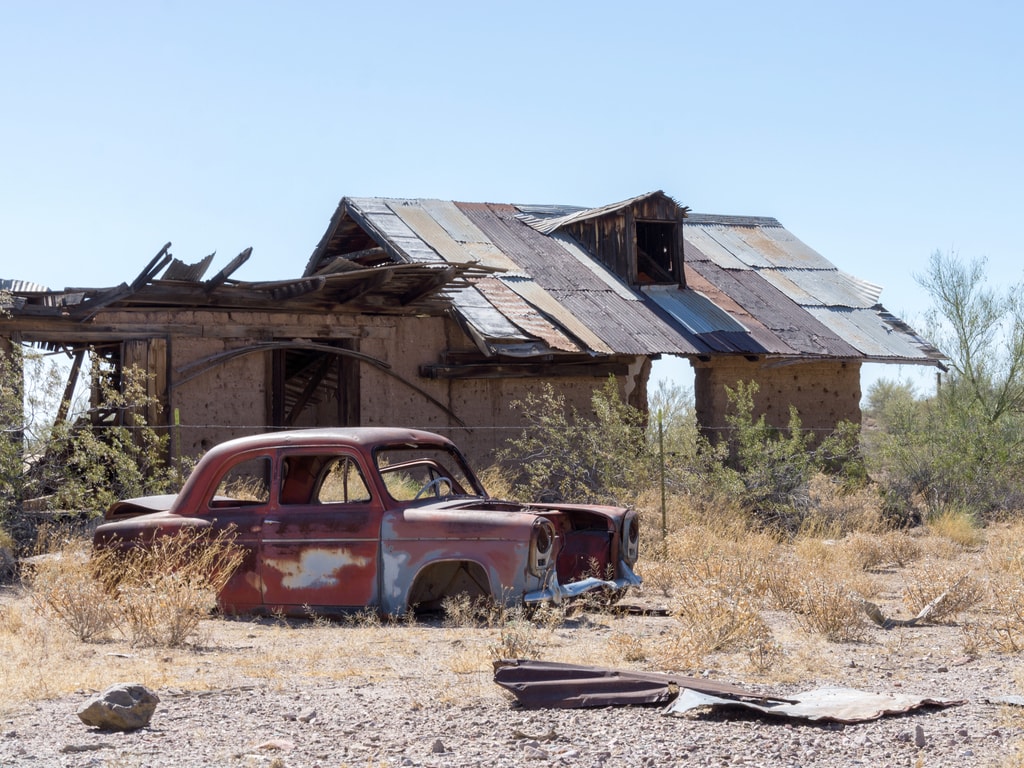 Abandoned Building and Rusted Old Car in Arizona Ghost Town Vulture City