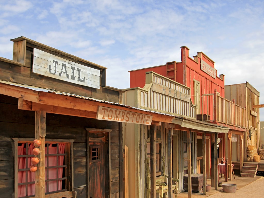 Empty old houses in the ghost town of Tombstone, Arizona