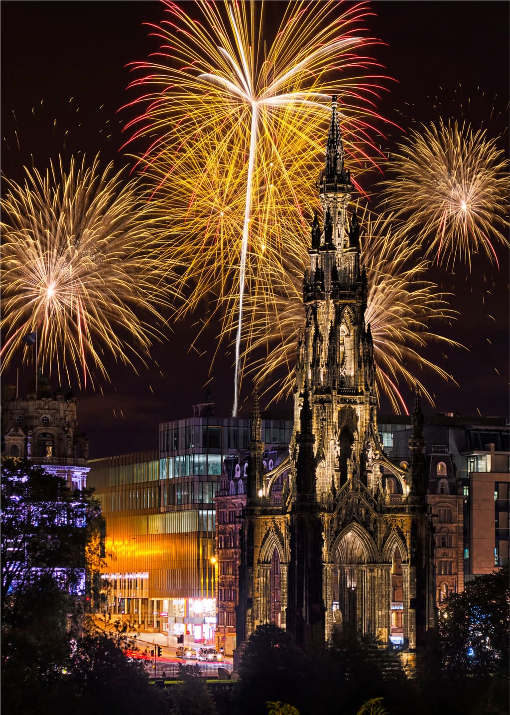 Hogmanay Fireworks over City Monument in Edinburgh