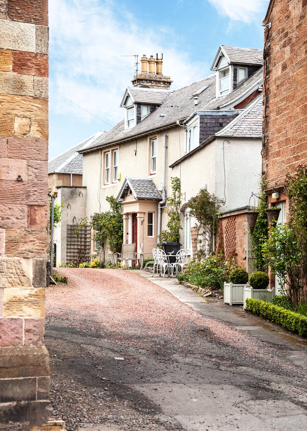 Small street with old houses in Melrose village on the Scottish Borders