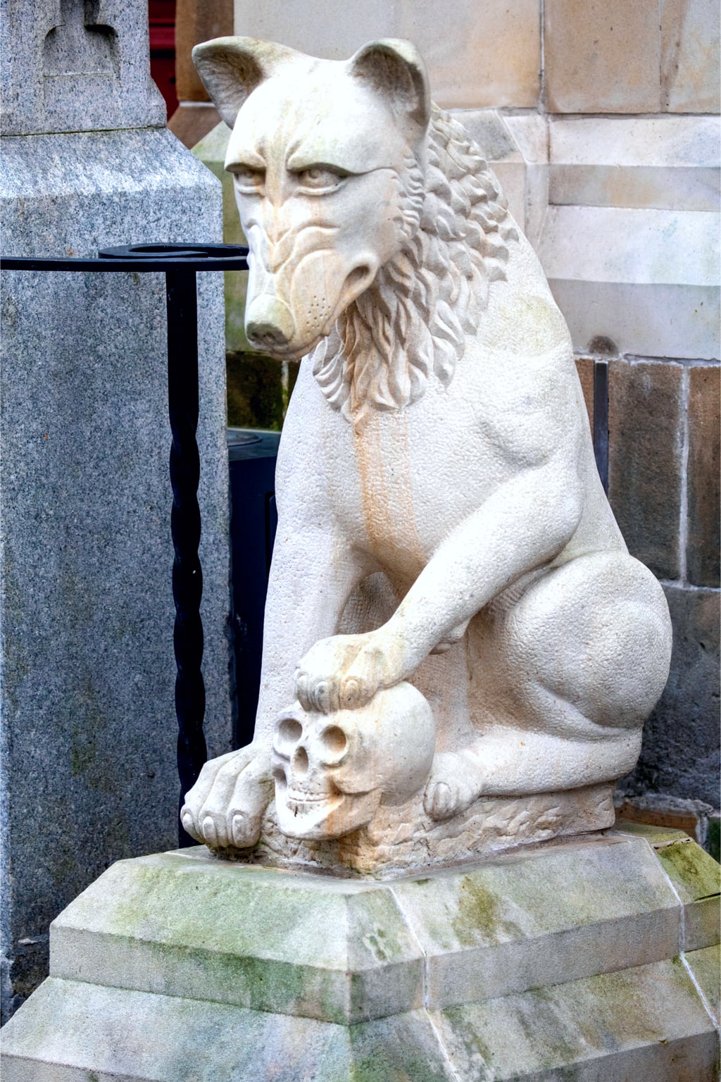 A sculptured stone Wolf guards the entrance to the historic Inverness Town House in the city of Inverness, Scotland