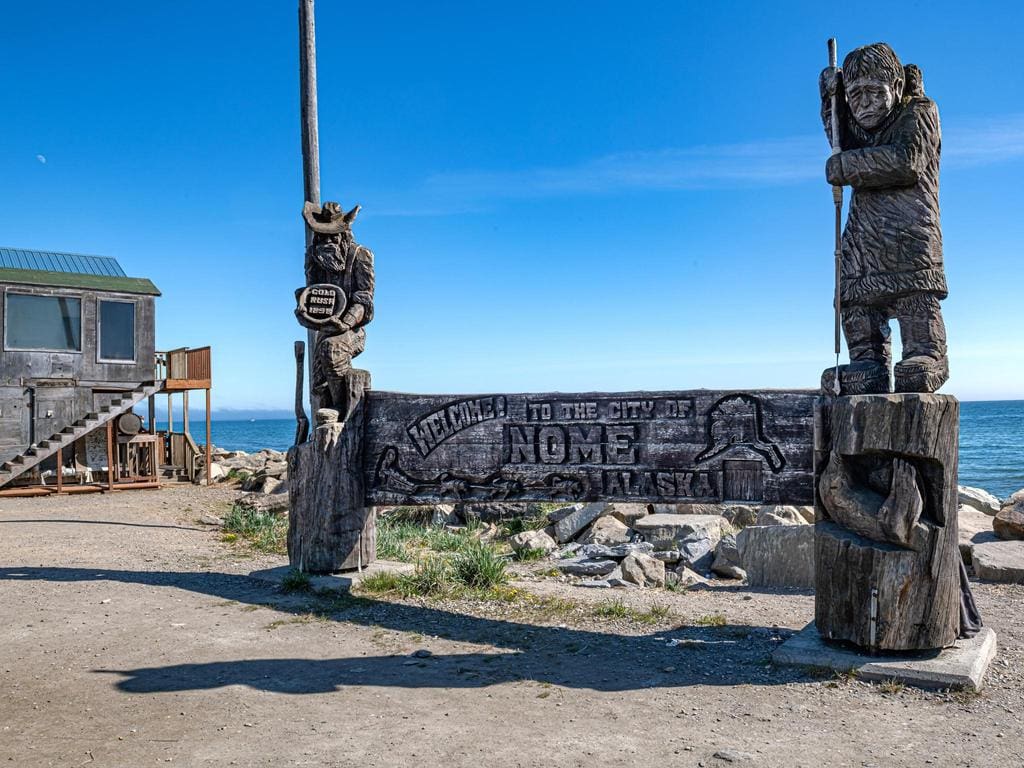 Wooden Carved Monument on the Shore of the Bering Sea in Nome Alaska