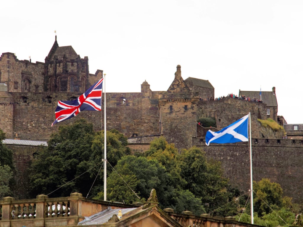 The City of Edinburgh Waving National Flags of the United Kingdom or the Union Jack and the Flag of Scotland the Saltire