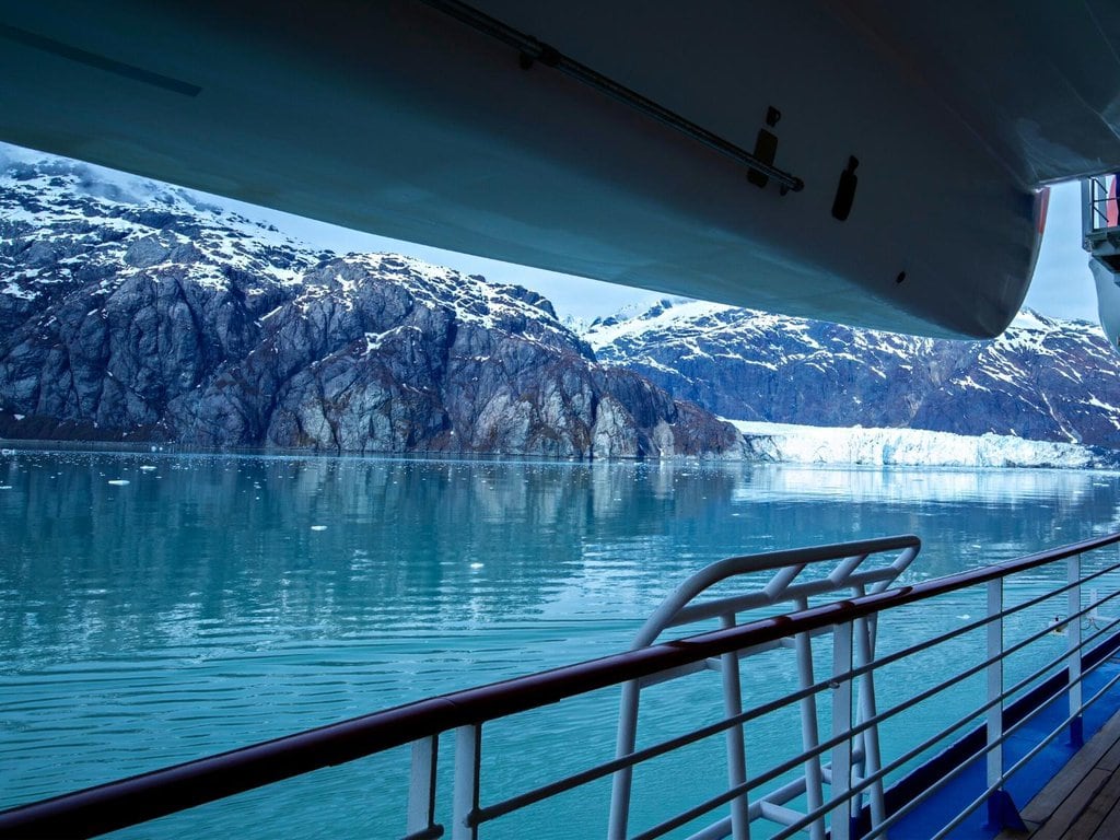 A cruise ship along Glacier Bay in Alaska