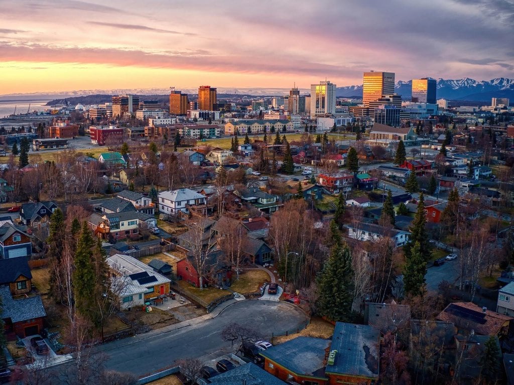 A sunset view of downtown Anchorage, Alaska