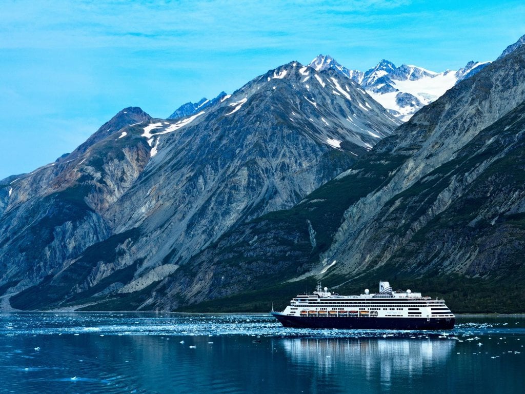 A cruise ship sailing along Glacier Bay in Alaska