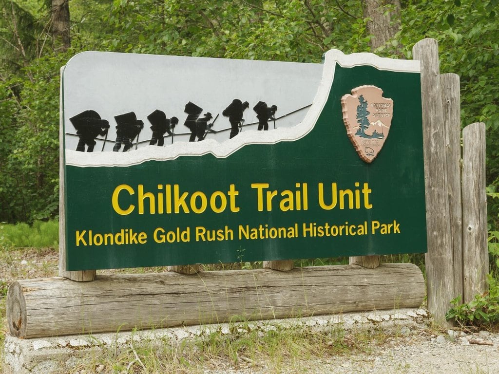 Welcome sign at entrance to Chilkoot Trail in Skagway, Alaska