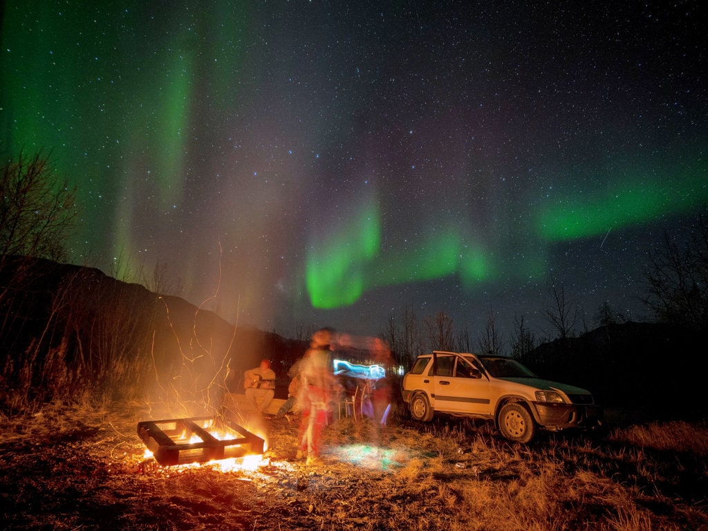 Camping and Bonfire Underneath Northern Lights in Coldfoot, Alaska