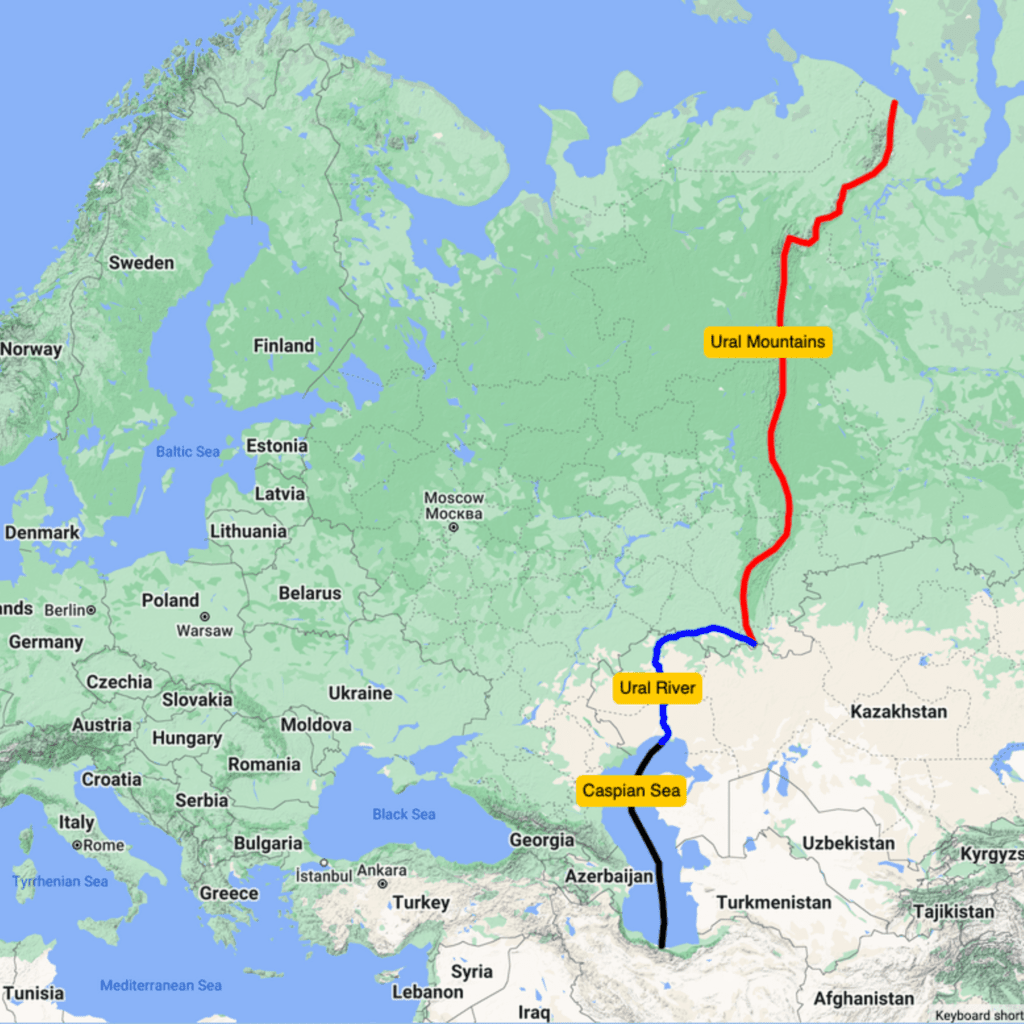 Europe Asia Borders Definition 1: Ural Mountain, Ural River, and the Caspian Sea, are what separate Europe from Asia