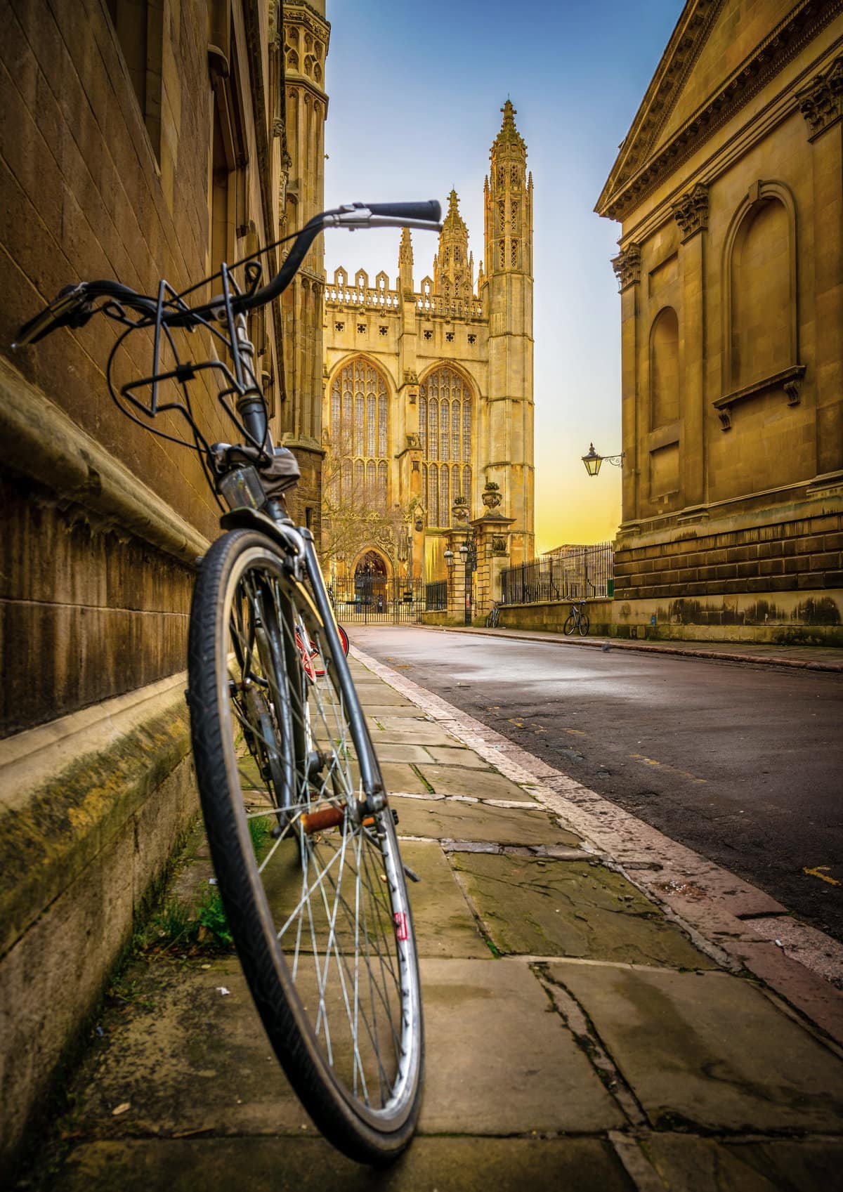 
A bicycle parked on Trinity Lane along the Cambridge cycling route