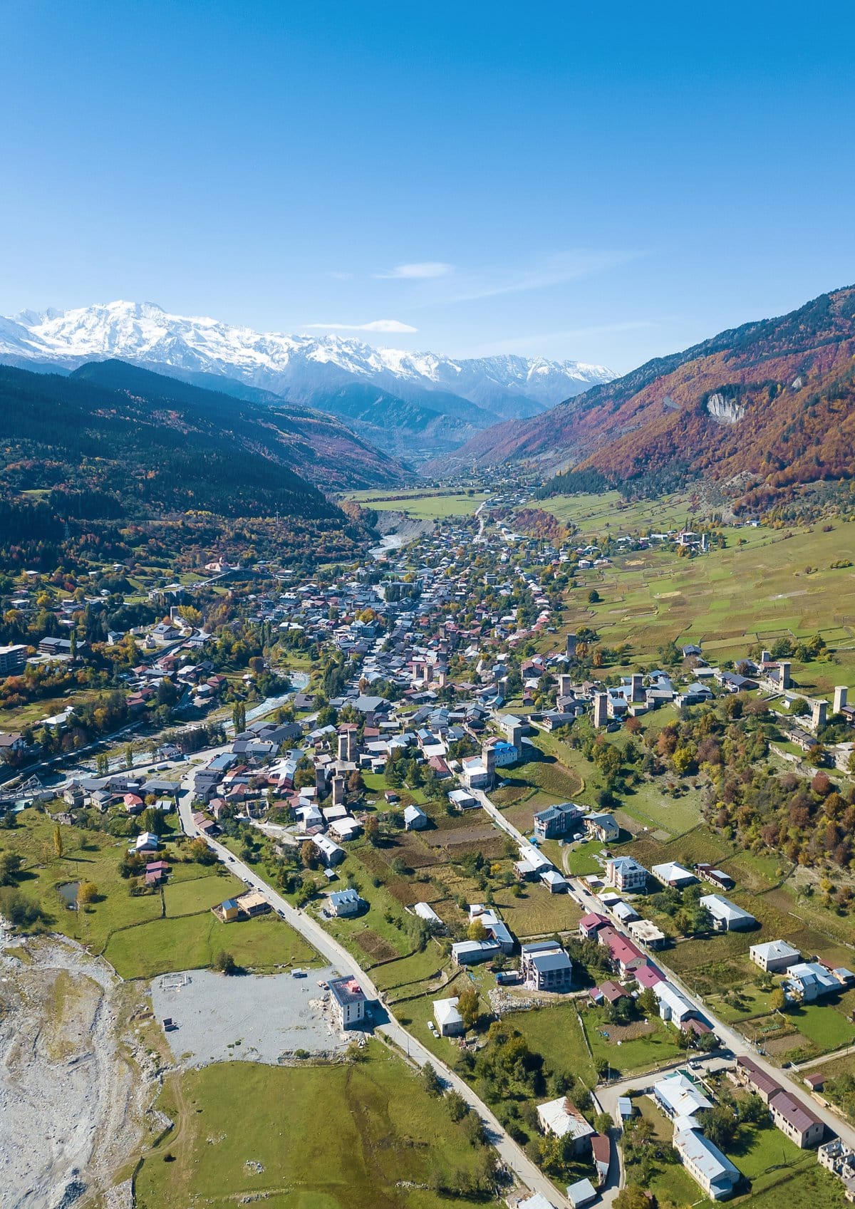 A view of Mestia village on a sunny bright autumn day in Georgia
