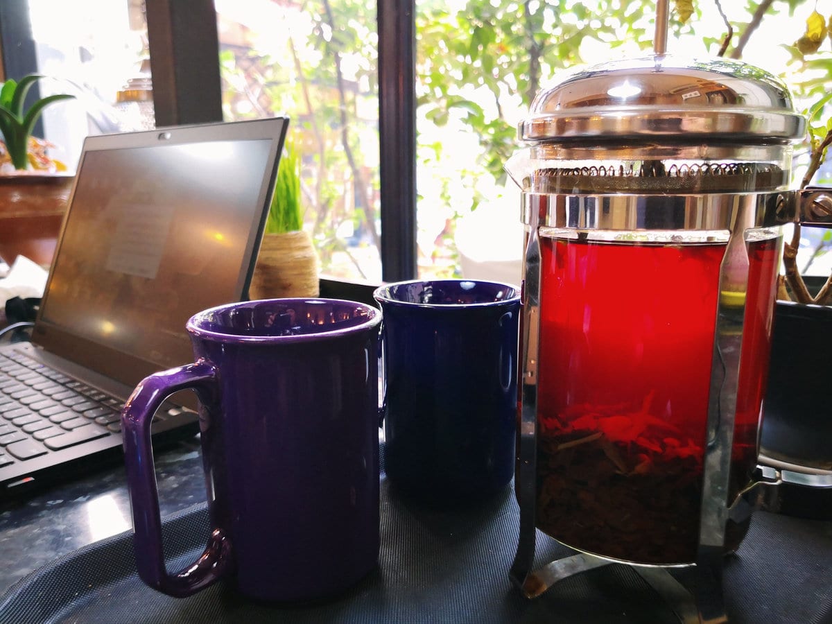 Tea served in a french press at a cafe in Tbilisi, Georgia