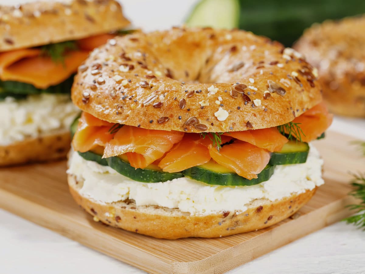 A bagel sandwich with salmon fish and cream cheese