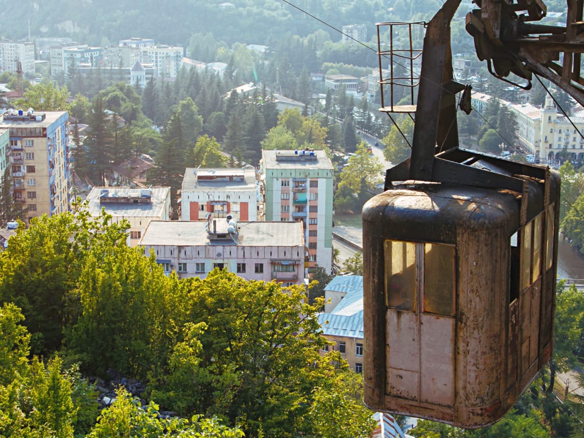 An old rusty cable car cabin in Chiatura, Georgia