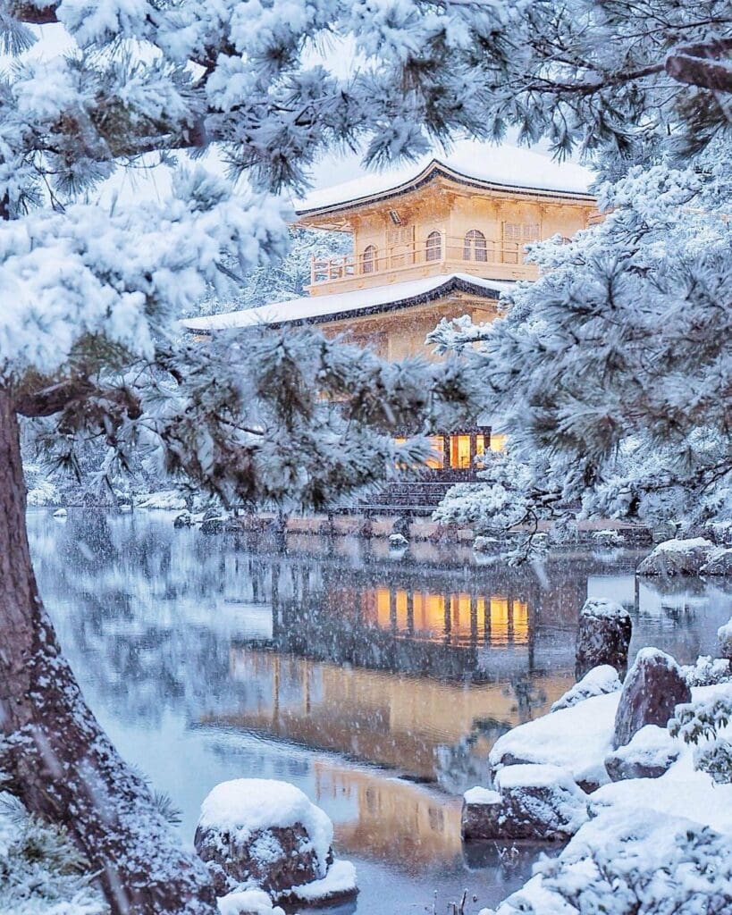 Kinkakuji Temple covered in snow, Kyoto during winter