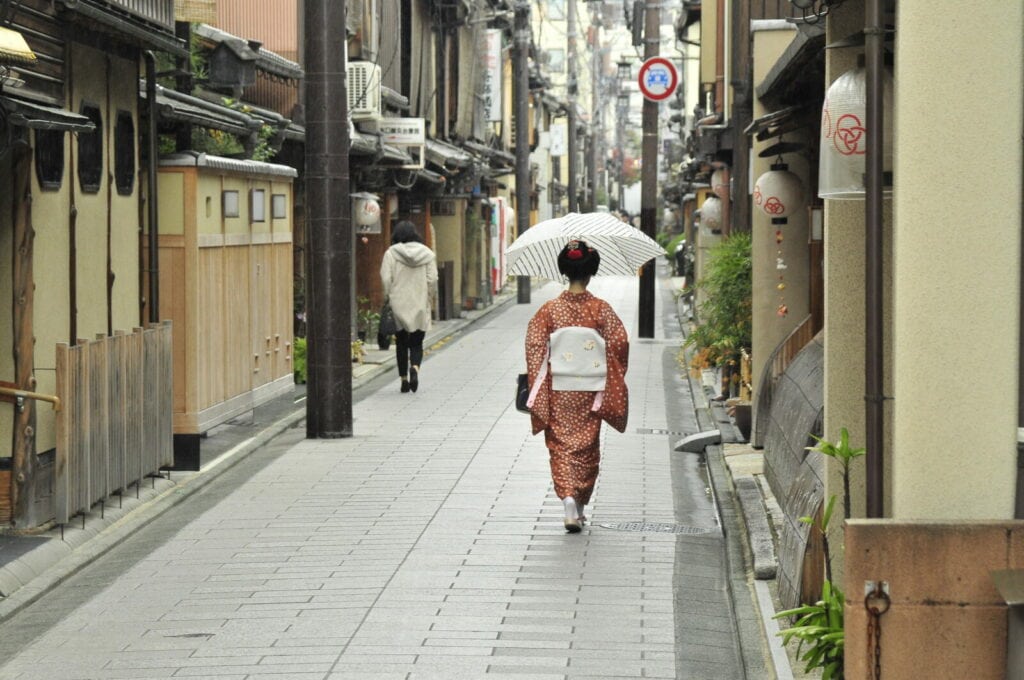 A Geisha walking in the Gion district in Kyoto, Japan