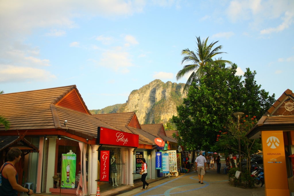 Street with stores and people in Ao Nang town
