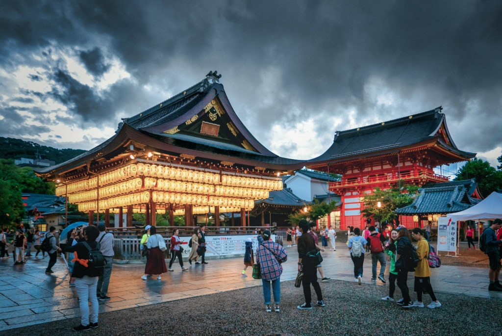 Tourists near Maidono and  Yasaka Shrine during September in Kyoto