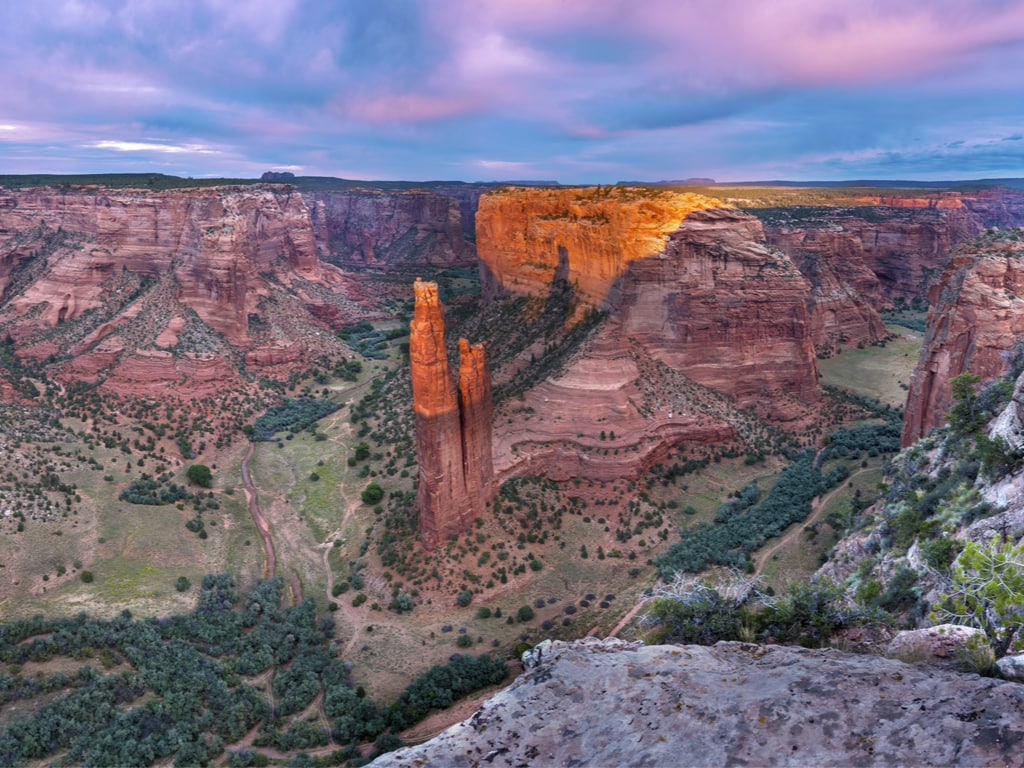 The Spider Rock at sunset in the Canyon De Chelly, Arizona