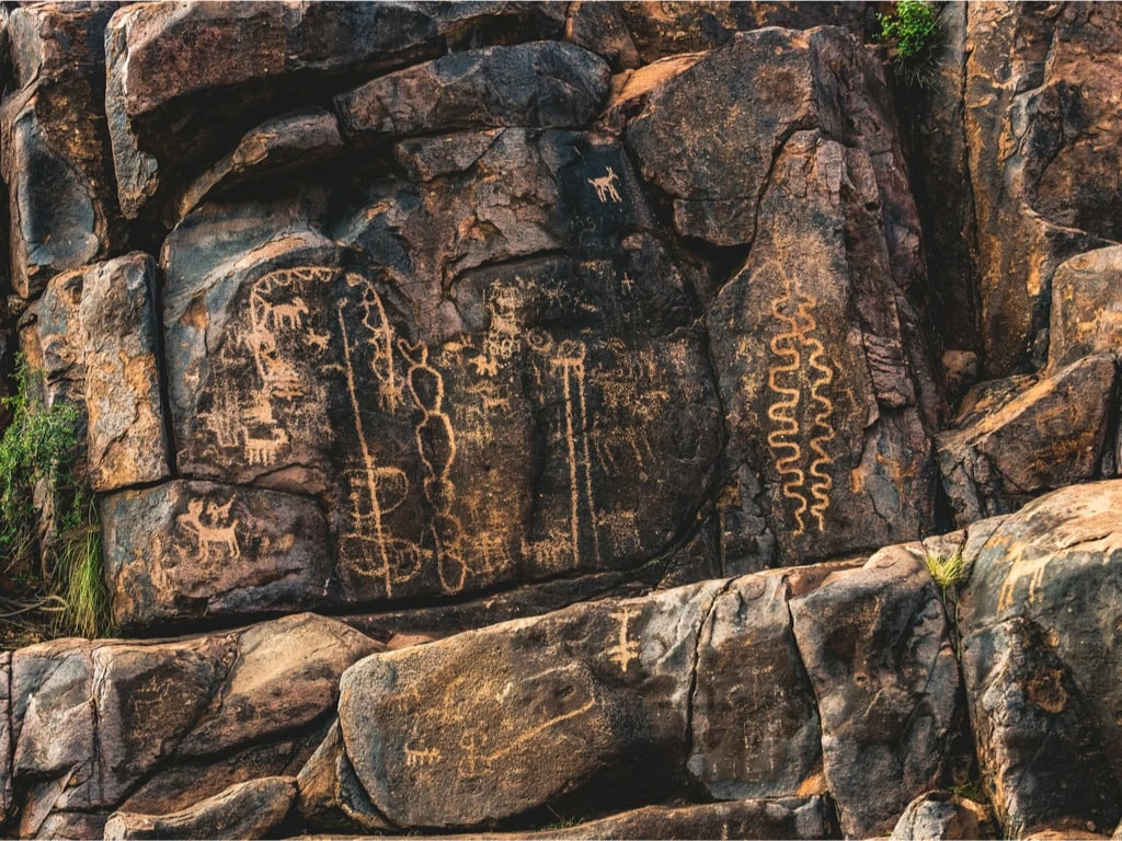A close up on some ancient petroglyphs located on the Hieroglyphic Trail in Gold Canyon, Arizona