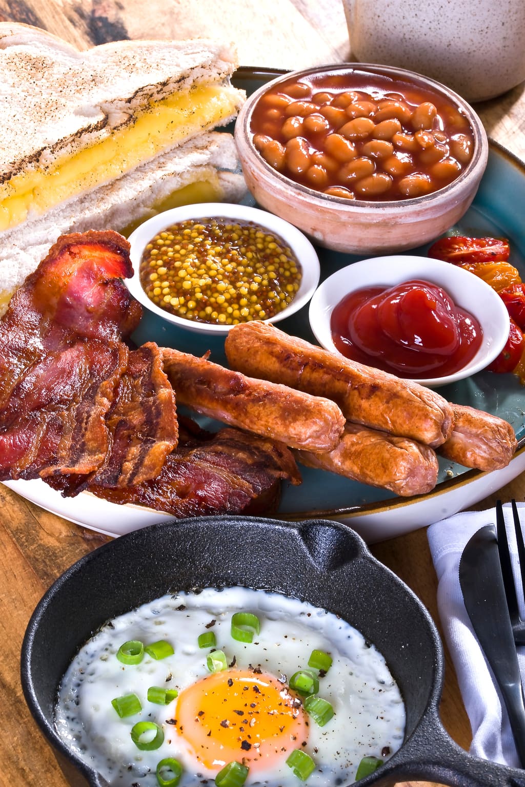 English breakfast on a wooden table