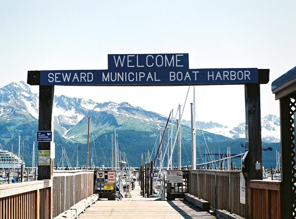 A sign marking entrance to Seward, Alaska