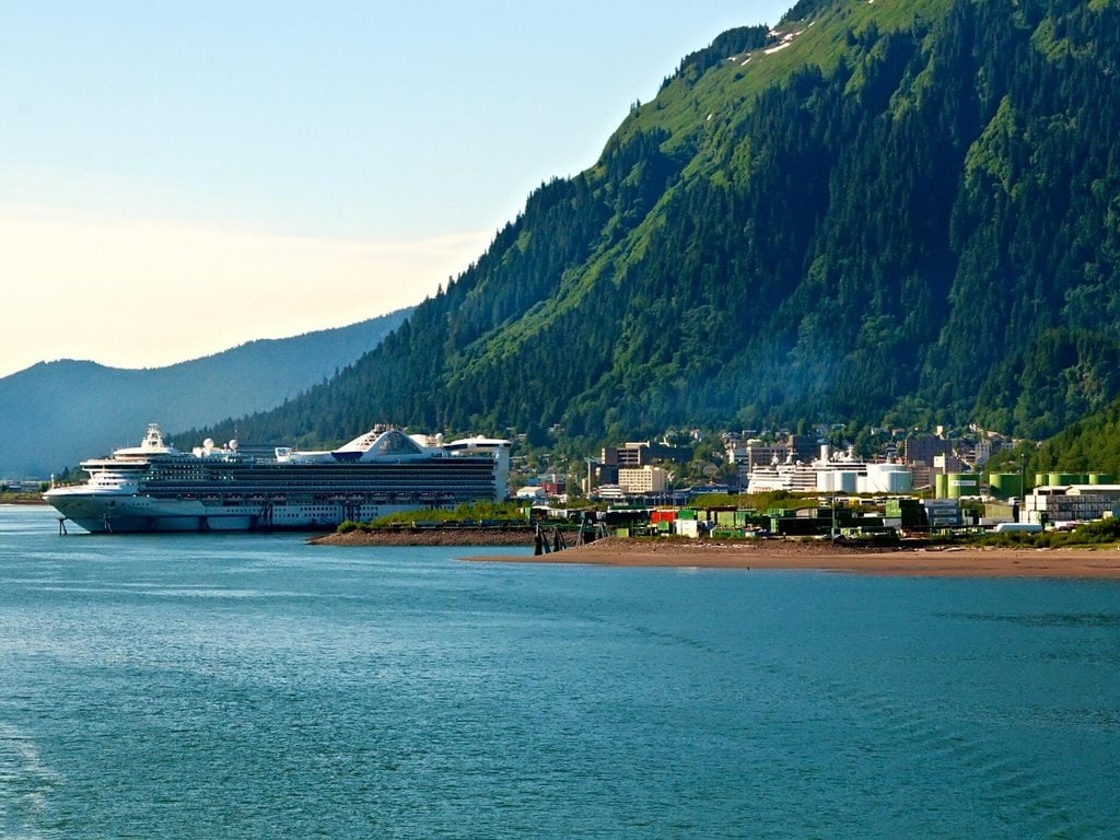 A cruise ship docked in Juneau, Alaska