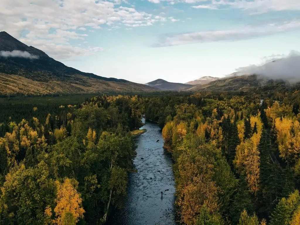 An aerial view of Russian River in Alaska